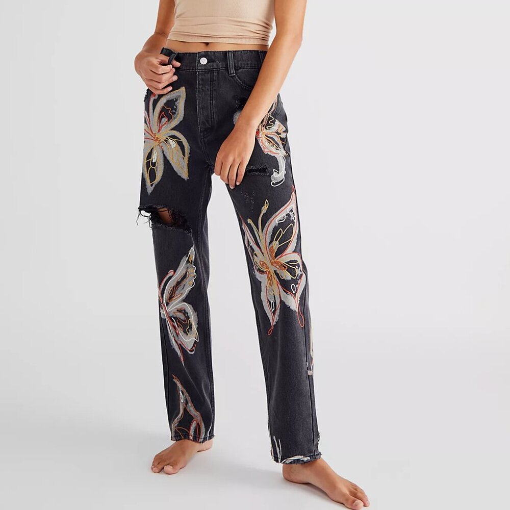 We The Free Black Floral Painted Straight-Leg Jeans